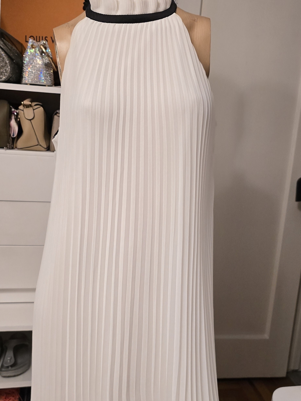 WHITE HOUSE BLACK MARKET Elegant White Pleated Halter Dress with Black Trim 14